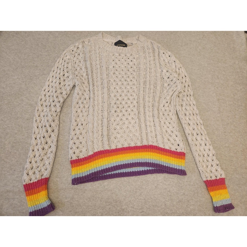 Le Superbe Sweater Womens Medium Gray Rainbow Striped Cable Open Knit Crewneck‎